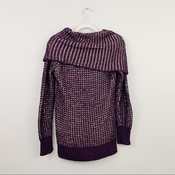 Cache Dark Purple Metallic Gold Cowl Neck Sweater - Picture 6 of 8